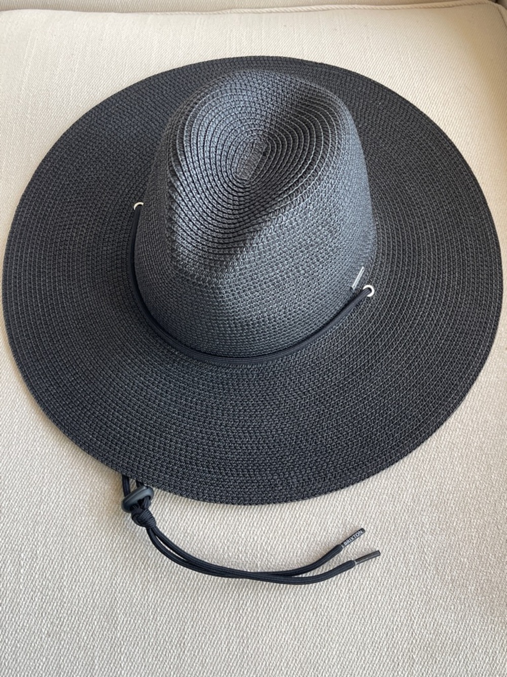 BRIXTON | Black Wide Brim Straw Fedora | Adjustable Chin Strap | Size S/M